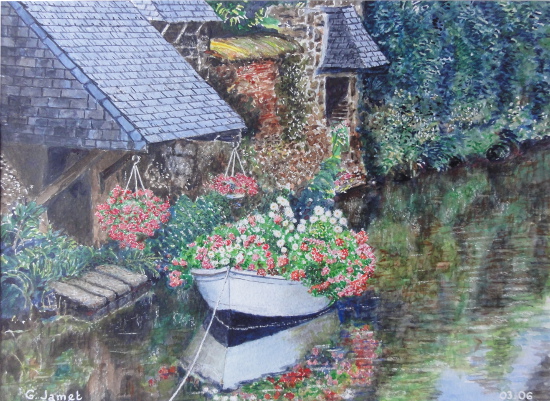 A flowered boat on a river